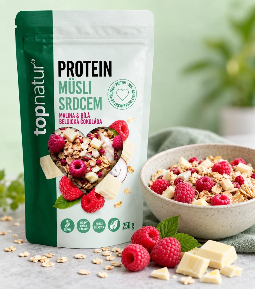 PROTEIN Müsli MALINA A BÍLÁ ČOKOLÁDA